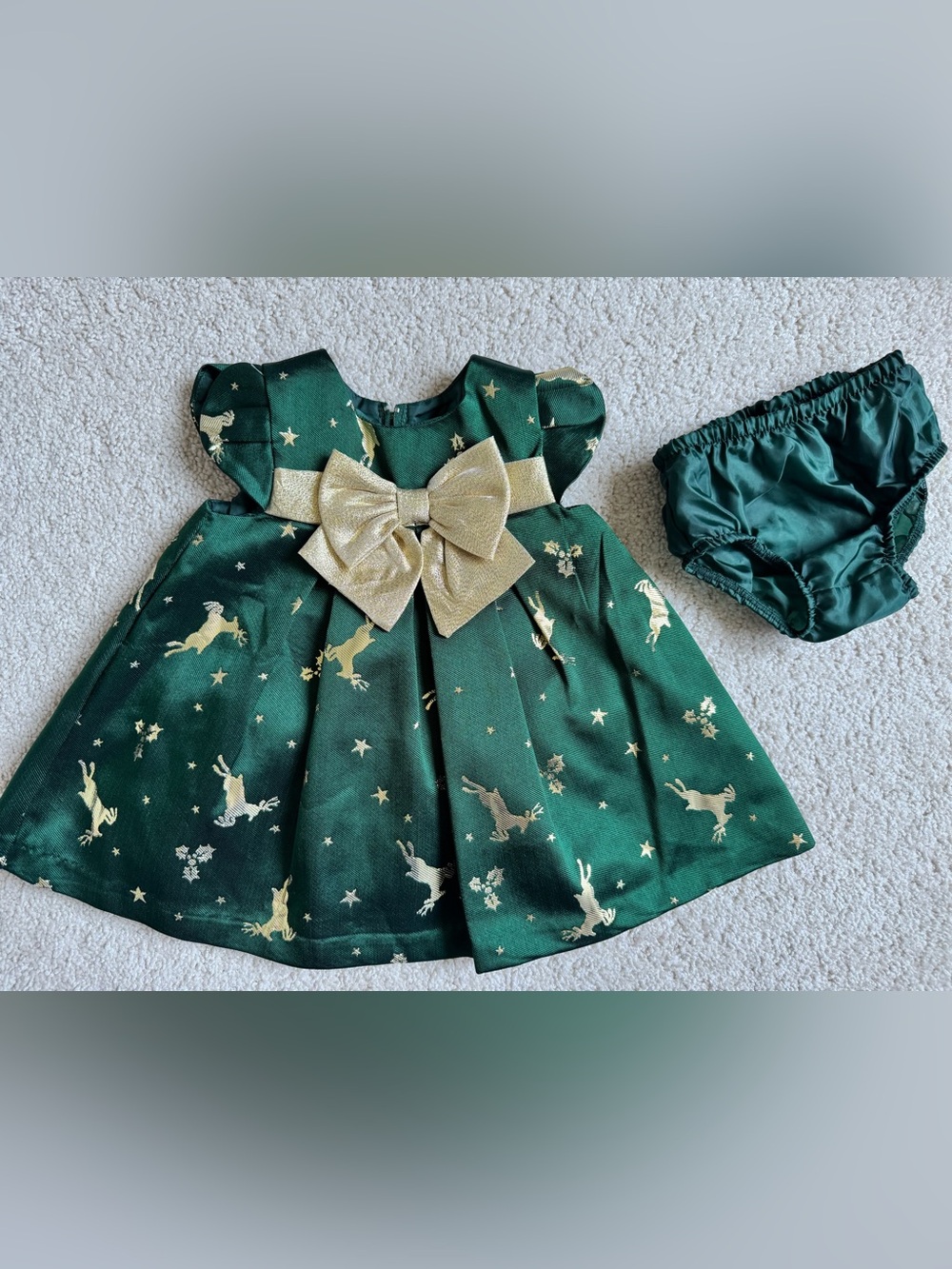 Bonnie Baby 3-6M Green & Gold Reindeer Christmas Dress and Bloomer Set